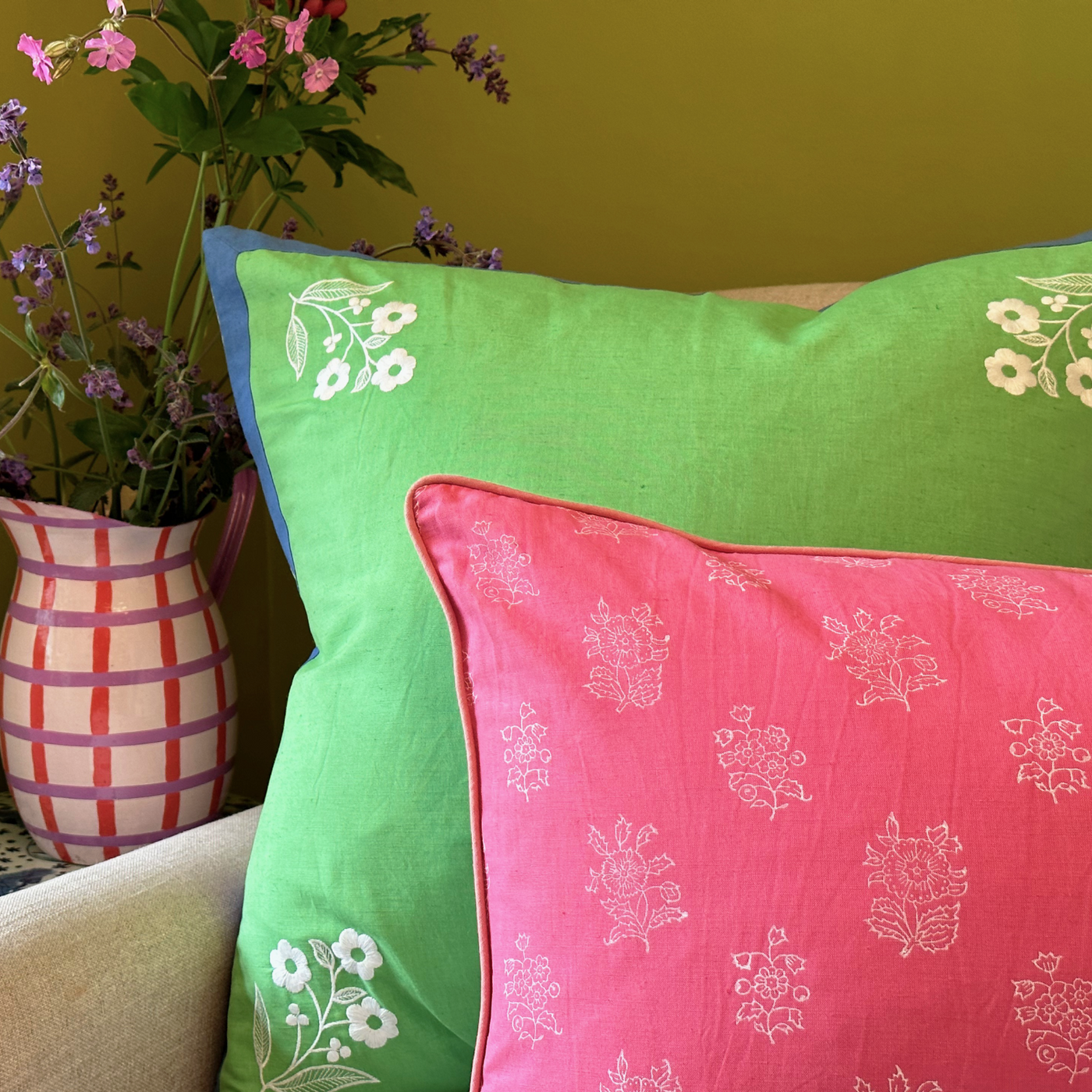 Hester Embroidered Floral Cushion - Green & Blue