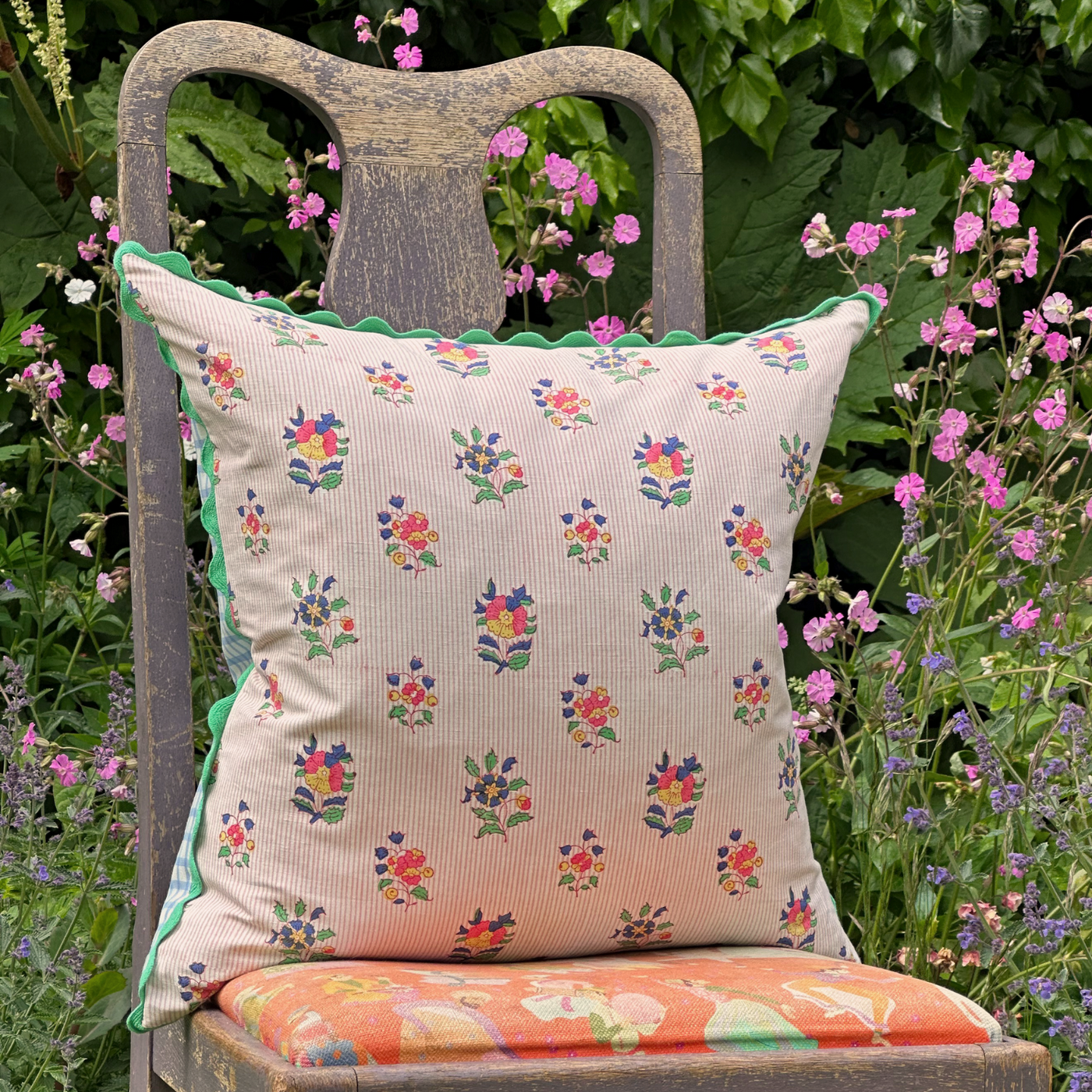Ophelia Floral Block Printed Cushion - Pink & Green
