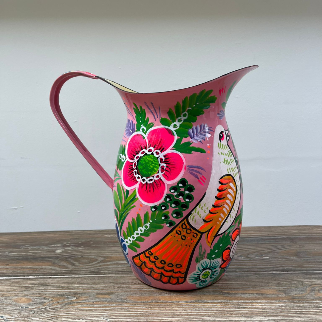 Hand Painted Enamel Jug - Pink Birds