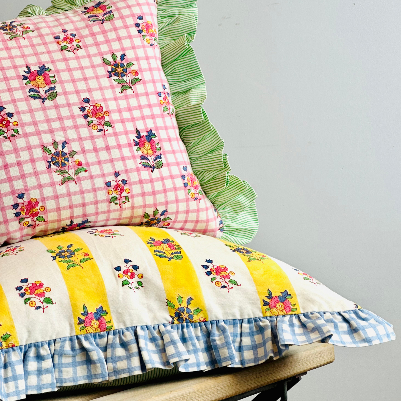 Phoebe Floral Block Printed Cushion - Pink & Green