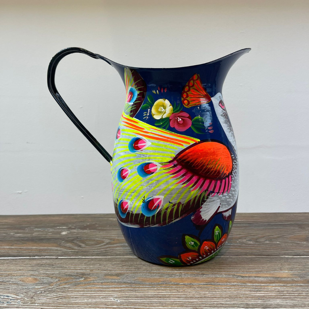 Hand Painted Enamel Jug - Navy Peacocks