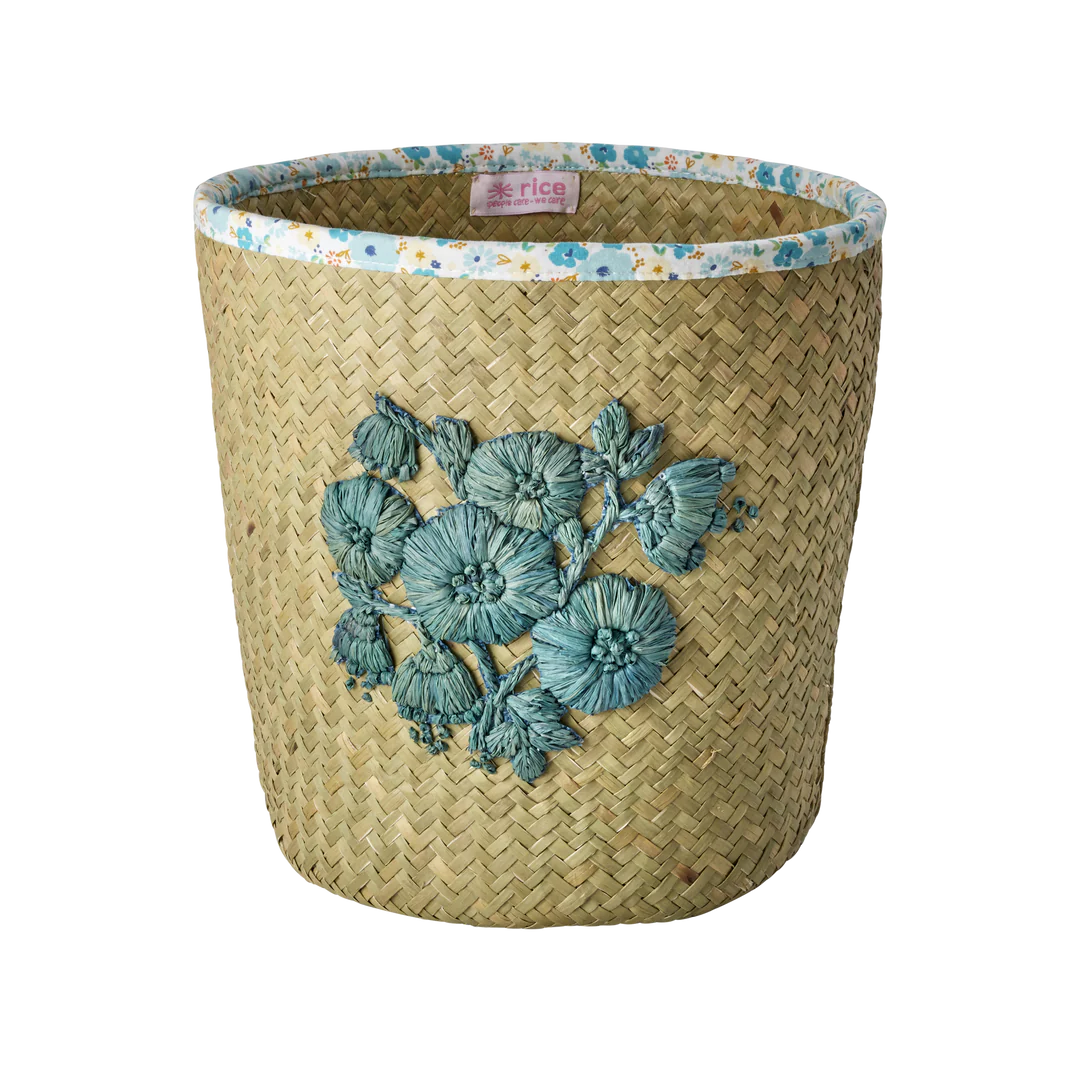 Rice Raffia Basket Blue & Natural Embroidery