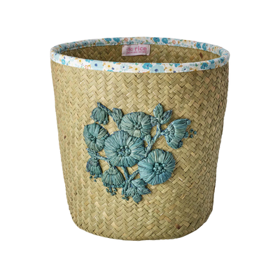 Rice Raffia Basket Blue & Natural Embroidery