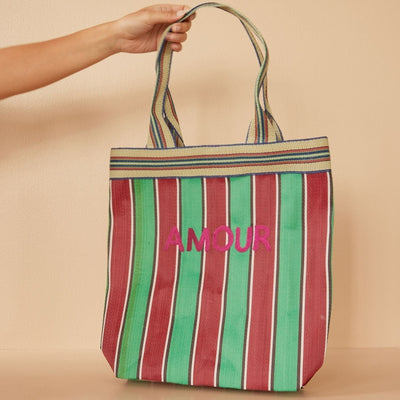 Rice - Recycled Plastic Shopping Bag - 'Amour' Stripe - Red & Green
