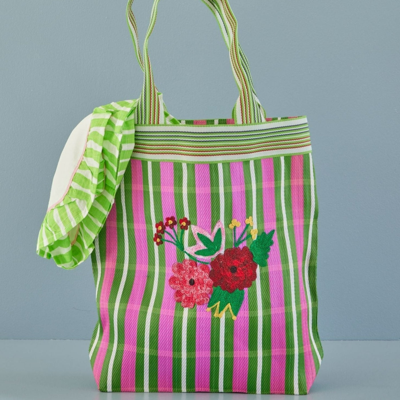 Rice - Recycled Plastic Shopping Bag - Floral Stripe - Pink & Green