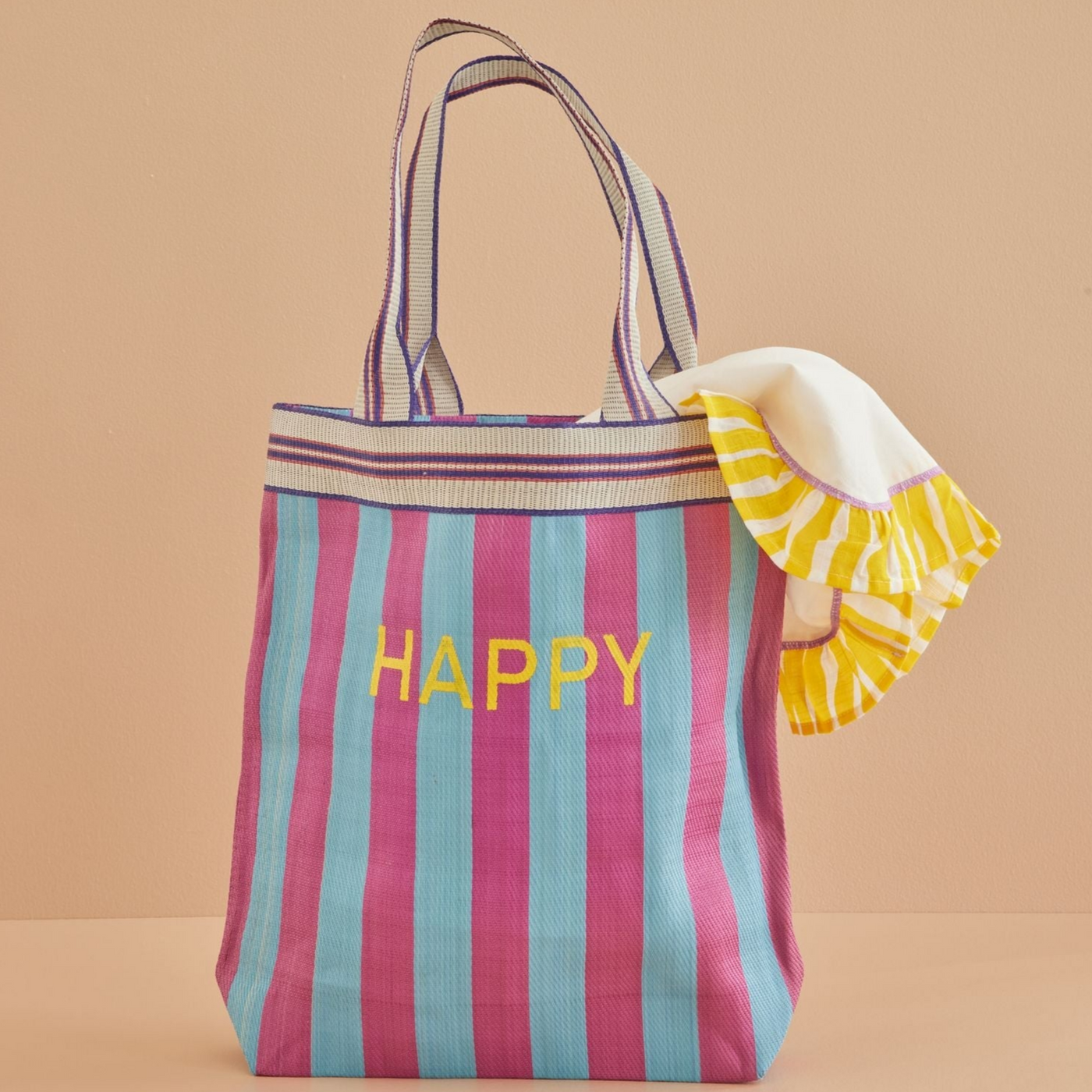 Rice - Recycled Plastic Shopping Bag - 'Happy' Stripe - Purple & Blue