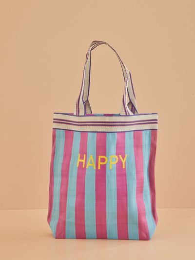 Rice - Recycled Plastic Shopping Bag - 'Happy' Stripe - Purple & Blue
