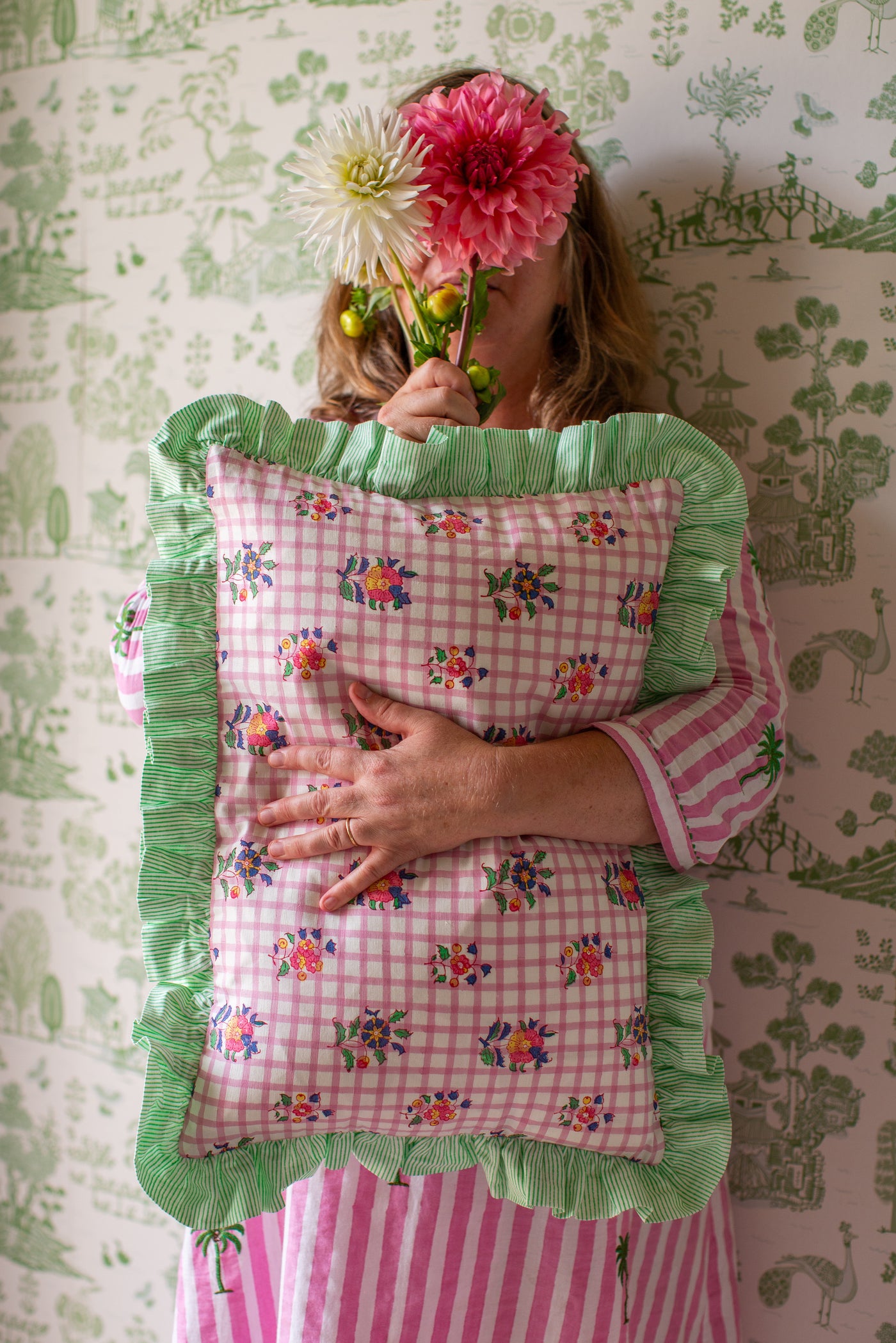 Phoebe Floral Block Printed Cushion - Pink & Green