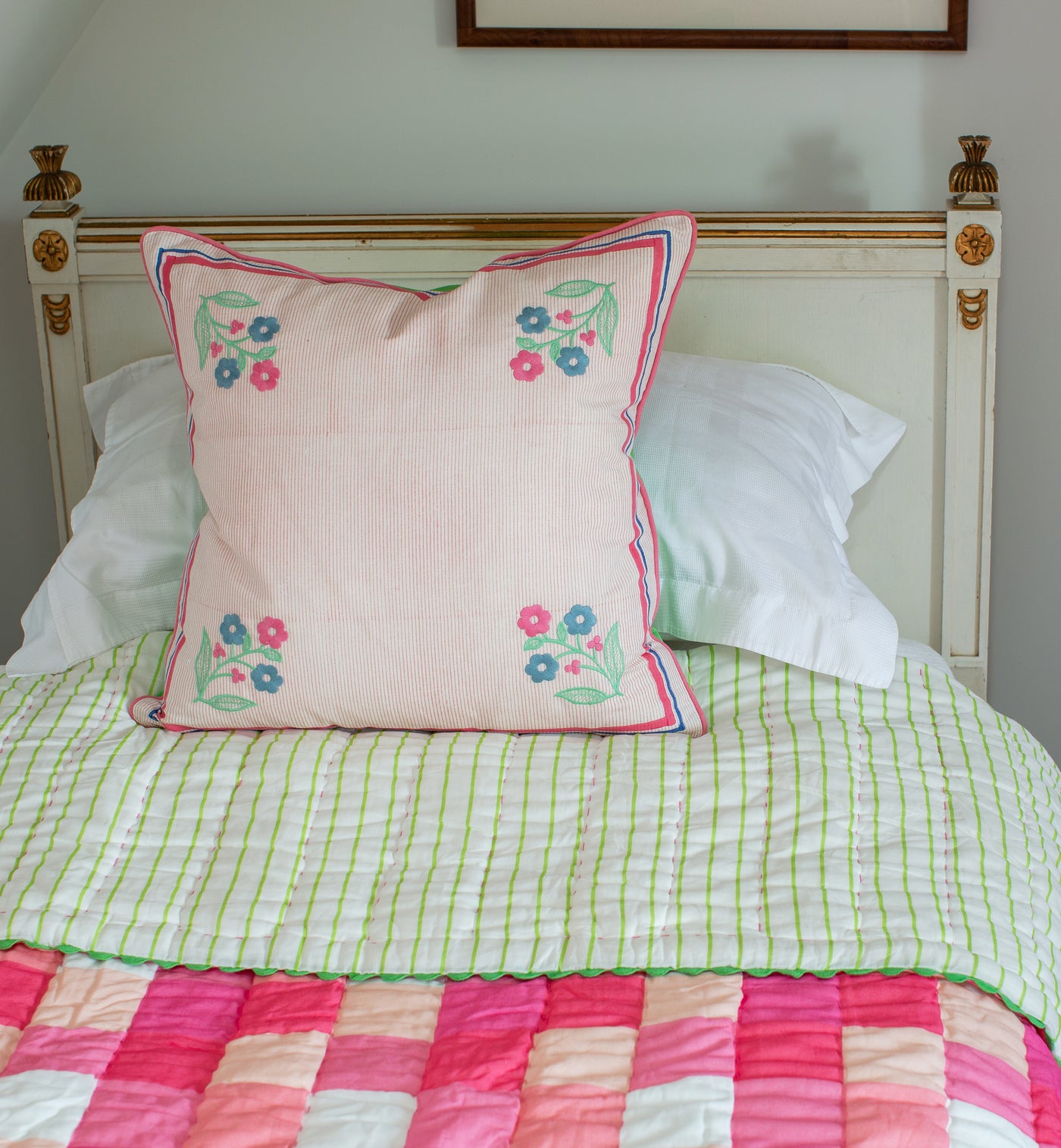 Daphne Embroidered Floral Square Cushion - Pink & Green