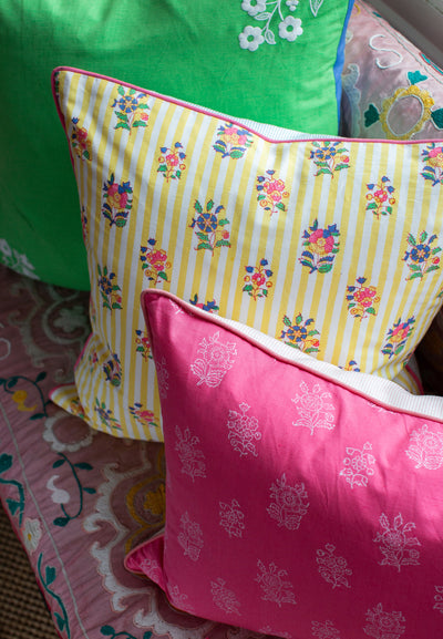 Athena Floral Block Printed Cushion - Yellow & Pink