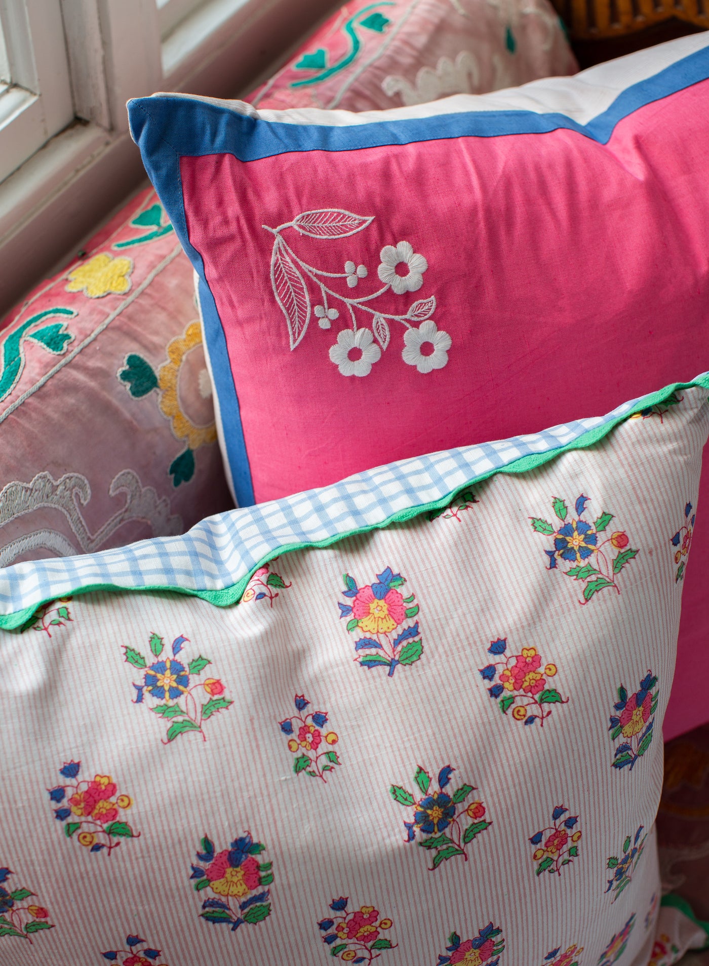 Hester Embroidered Floral Cushion - Pink & Blue