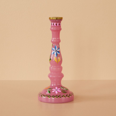 Rice - Hand Painted Glass Candle Stick - Pink