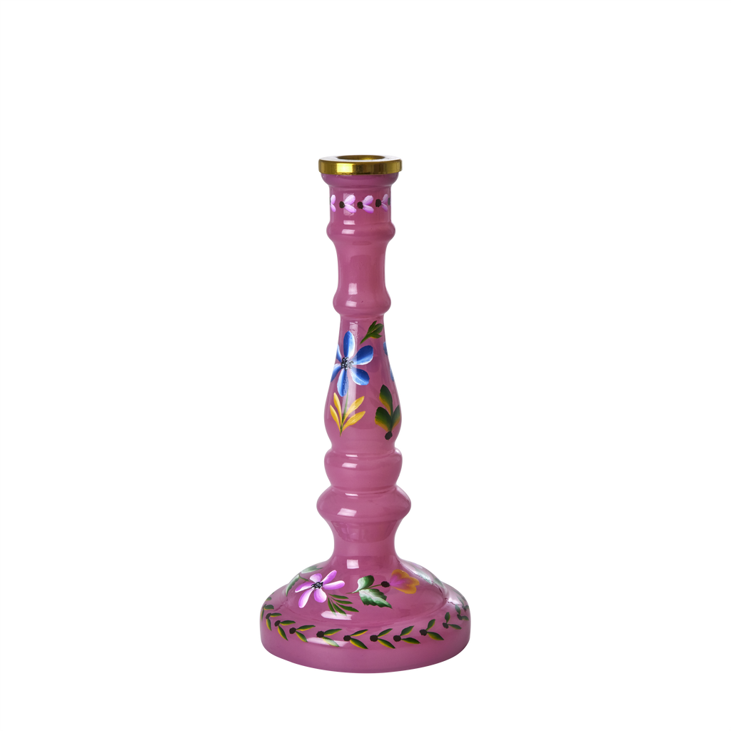 Rice - Hand Painted Glass Candle Stick - Pink