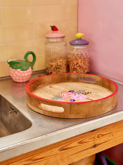 Rice Round Wooden Tray - Red edge