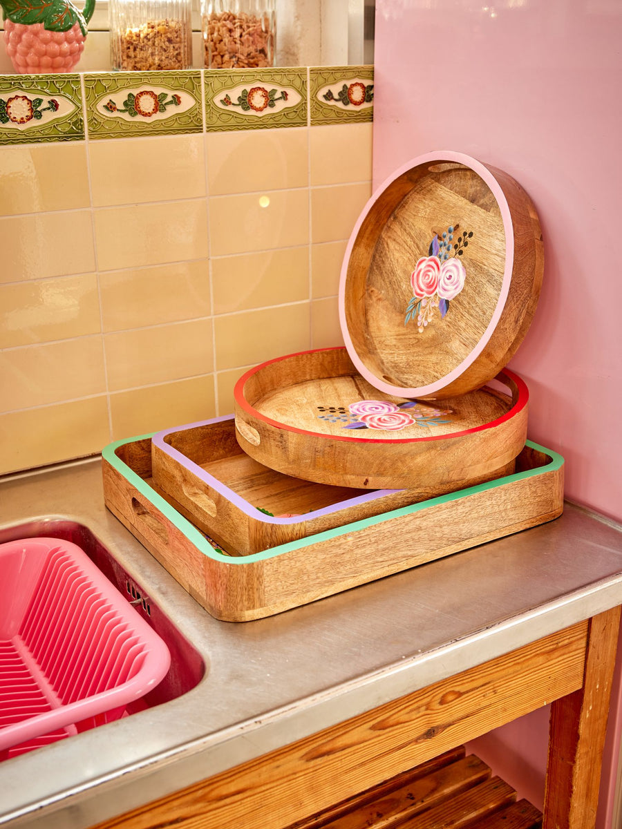 Rice Round Wooden Tray - Pink