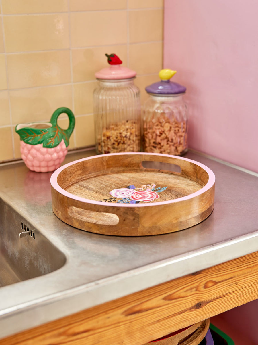 Rice Round Wooden Tray - Pink