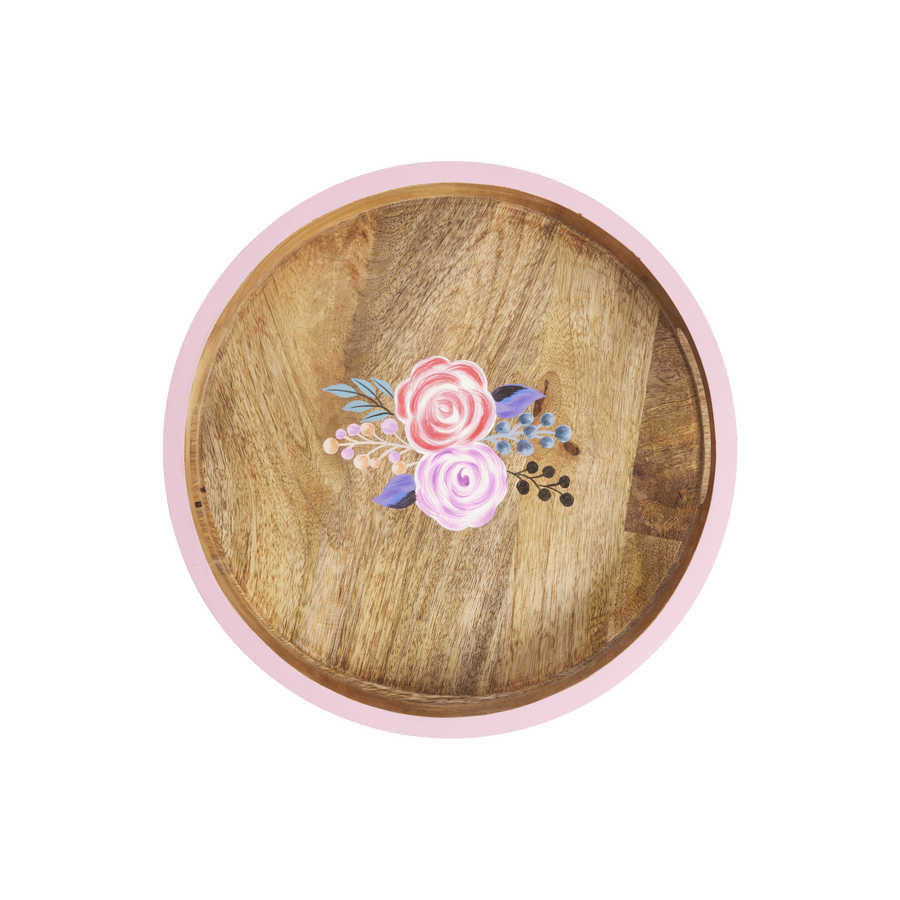 Rice Round Wooden Tray - Pink