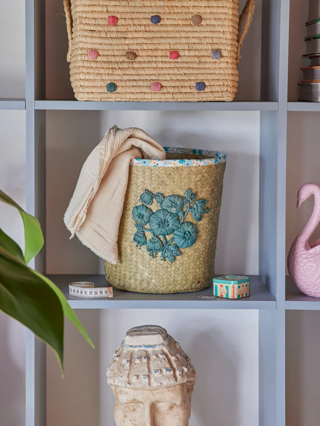 Rice Raffia Basket Blue & Natural Embroidery