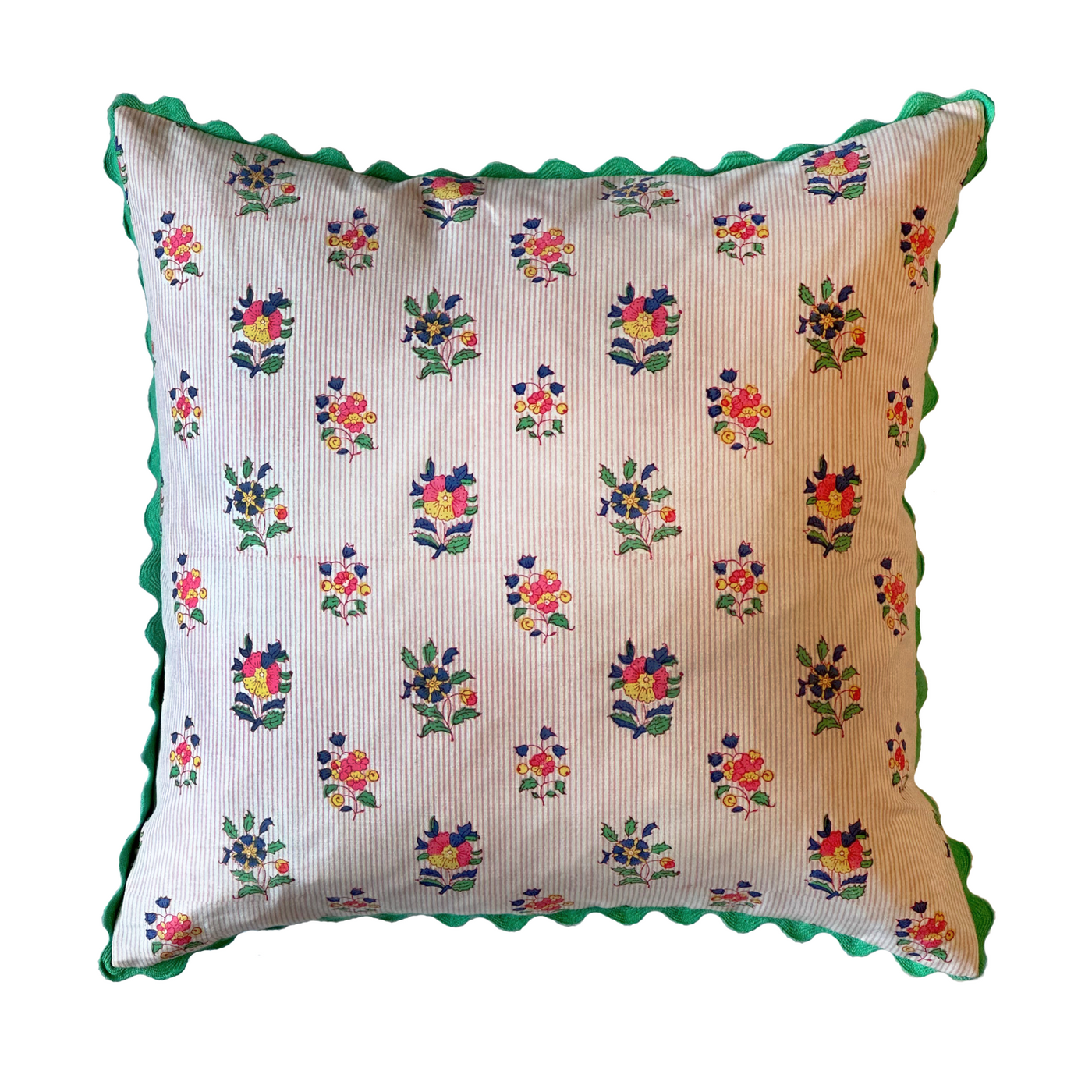 Ophelia Floral Block Printed Cushion - Pink & Green