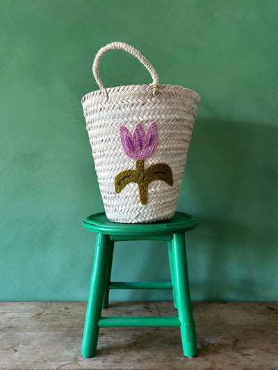 Hand Embroidered Bucket Basket - Tulip