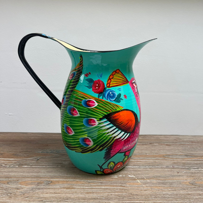 Hand Painted Enamel Jug - Turquoise Peacocks