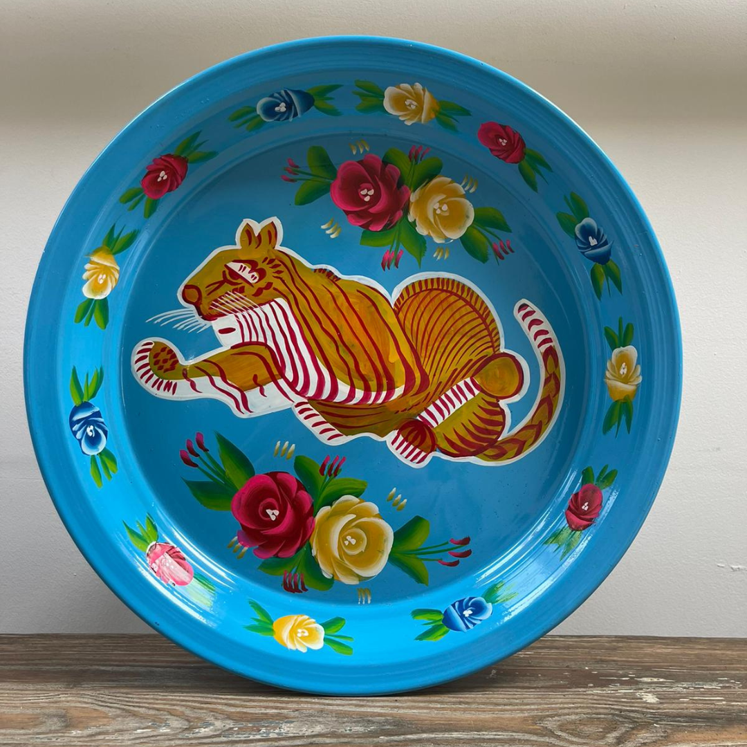 Hand Painted Enamel Platter - Blue Tiger