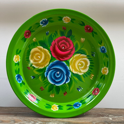 Hand Painted Enamel Platter - Green Floral