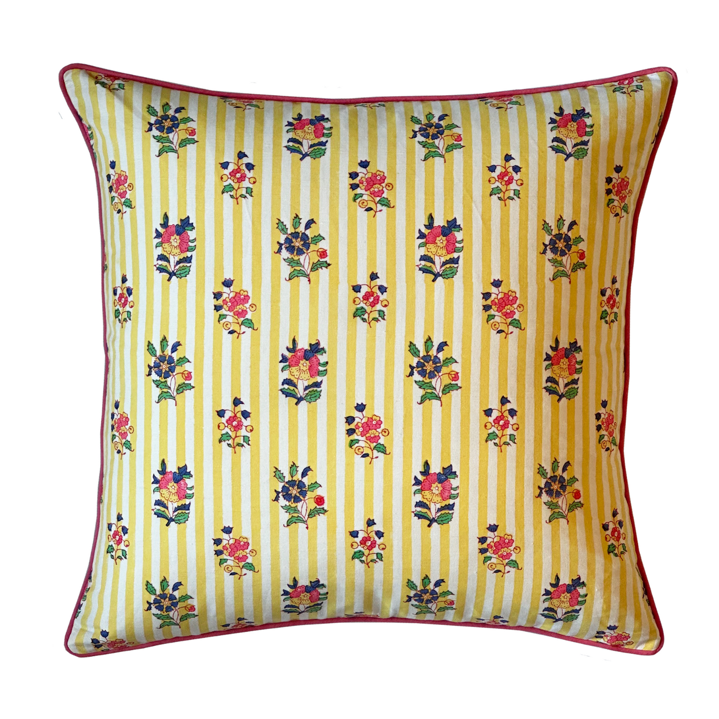 Athena Floral Block Printed Cushion - Yellow & Pink