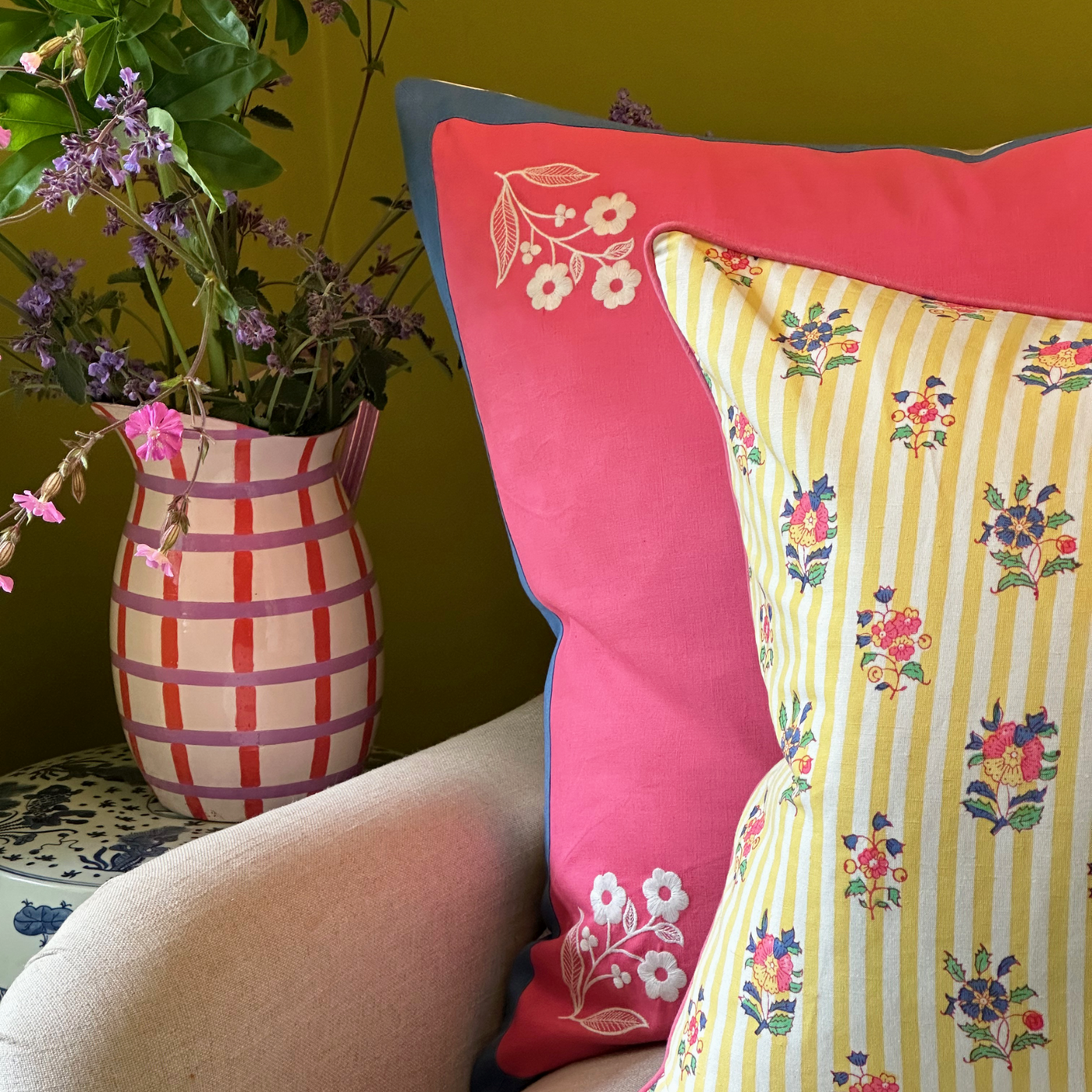 Hester Embroidered Floral Cushion - Pink & Blue