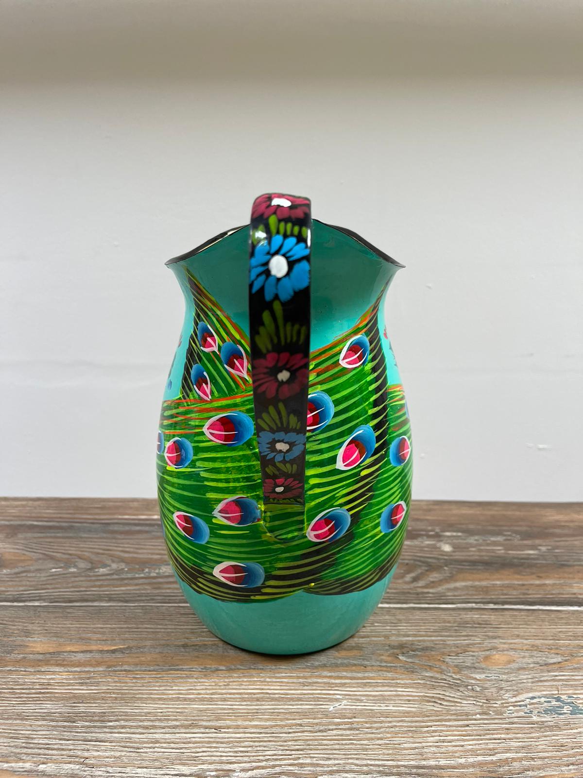 Hand Painted Enamel Jug - Turquoise Peacocks