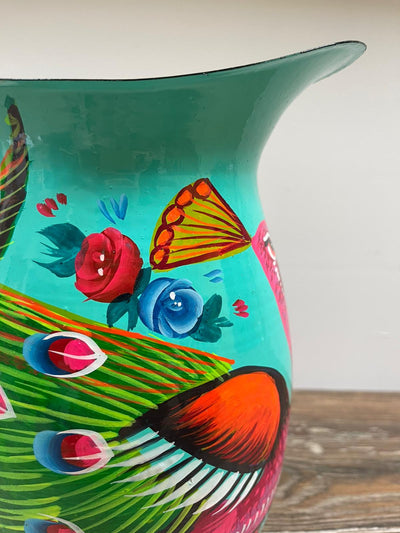 Hand Painted Enamel Jug - Turquoise Peacocks