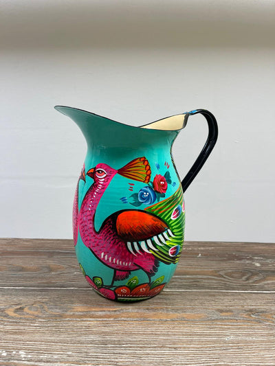 Hand Painted Enamel Jug - Turquoise Peacocks