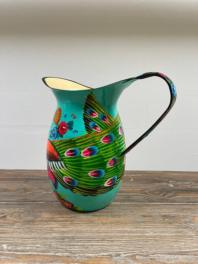 Hand Painted Enamel Jug - Turquoise Peacocks