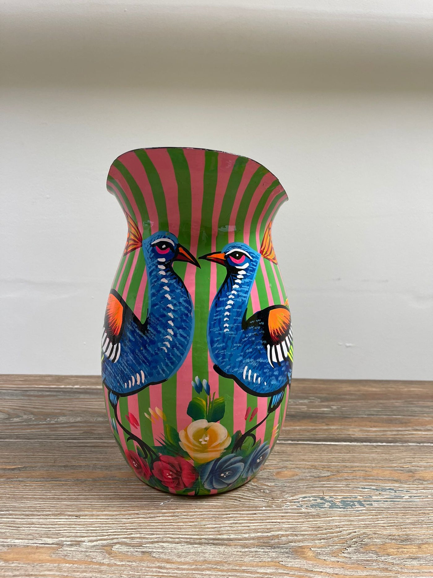 Hand Painted Enamel Jug - Pink and Green Peacocks