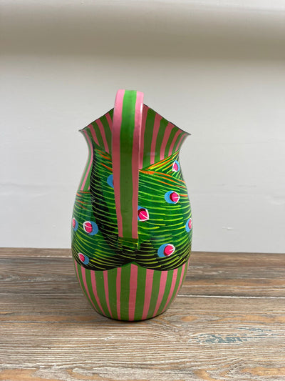 Hand Painted Enamel Jug - Pink and Green Peacocks