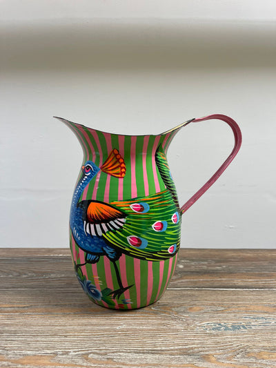 Hand Painted Enamel Jug - Pink and Green Peacocks