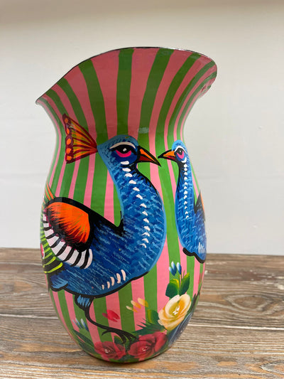 Hand Painted Enamel Jug - Pink and Green Peacocks