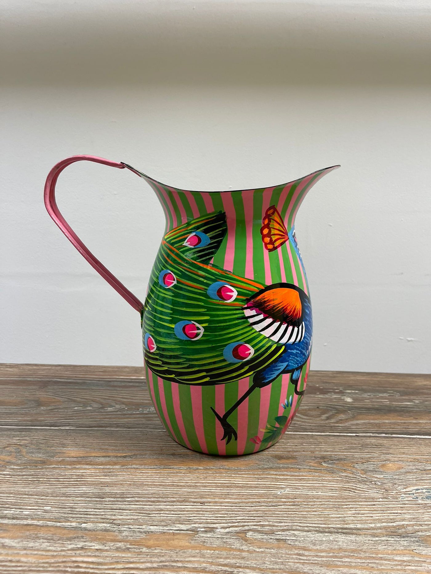 Hand Painted Enamel Jug - Pink and Green Peacocks