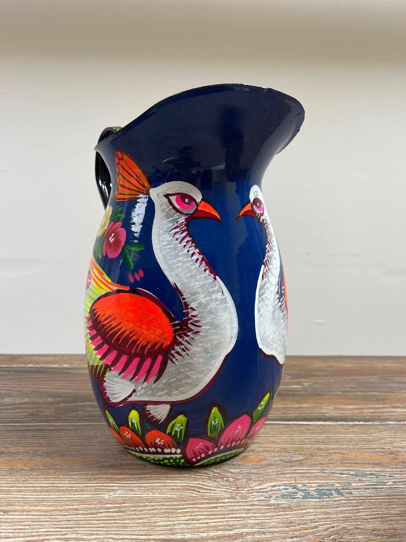 Hand Painted Enamel Jug - Navy Peacocks