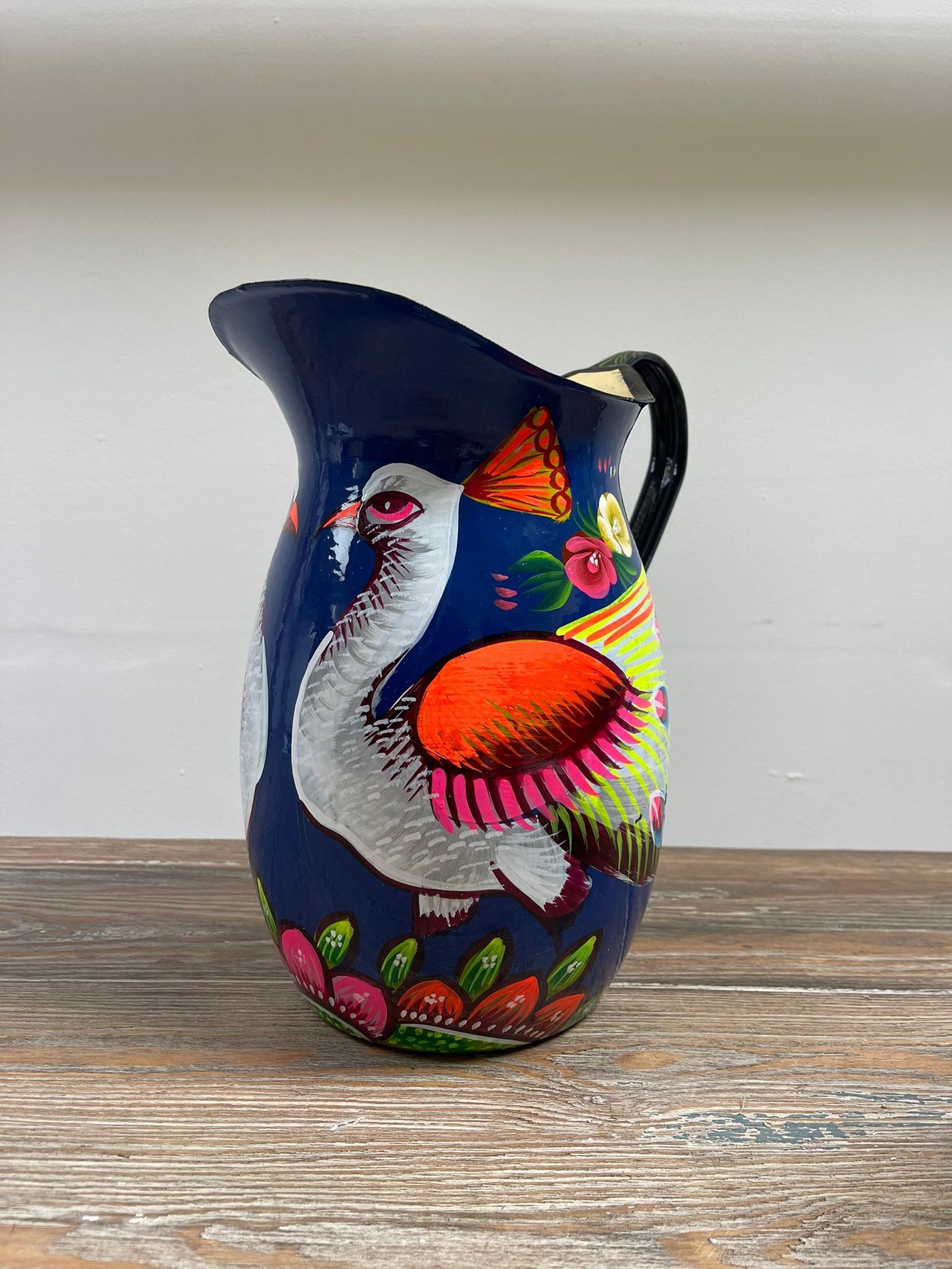 Hand Painted Enamel Jug - Navy Peacocks