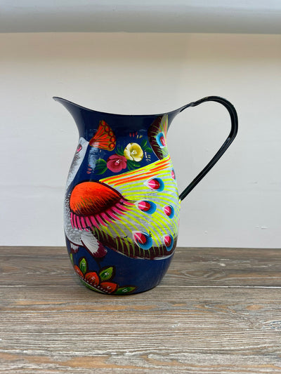 Hand Painted Enamel Jug - Navy Peacocks