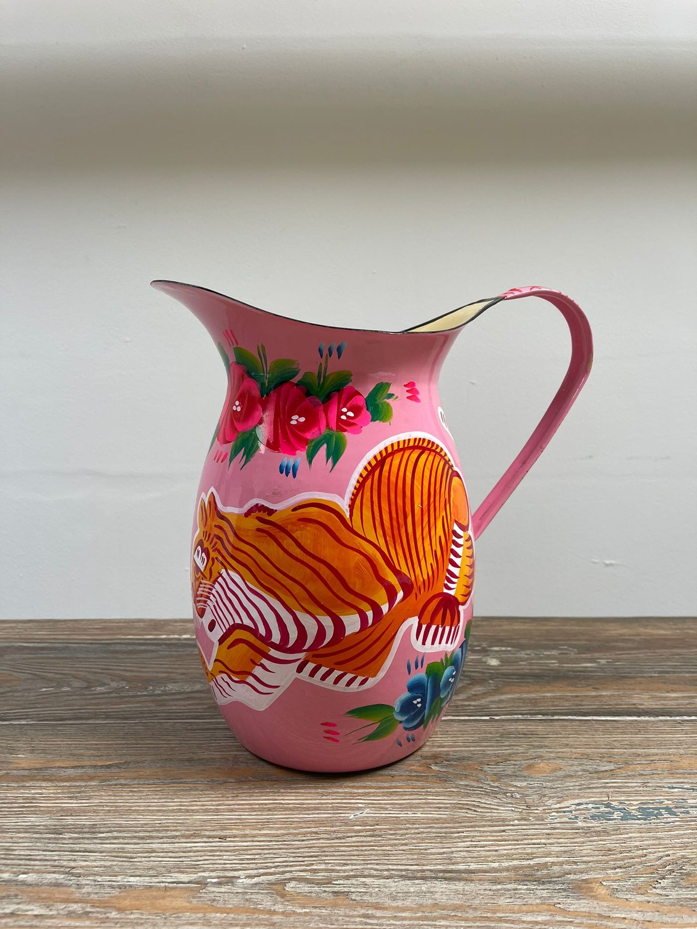 Hand Painted Enamel Jug - Pink Tigers