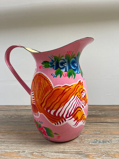 Hand Painted Enamel Jug - Pink Tigers