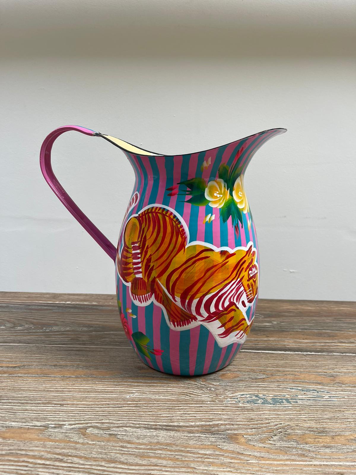 Hand Painted Enamel Jug - Pink and Blue Tigers