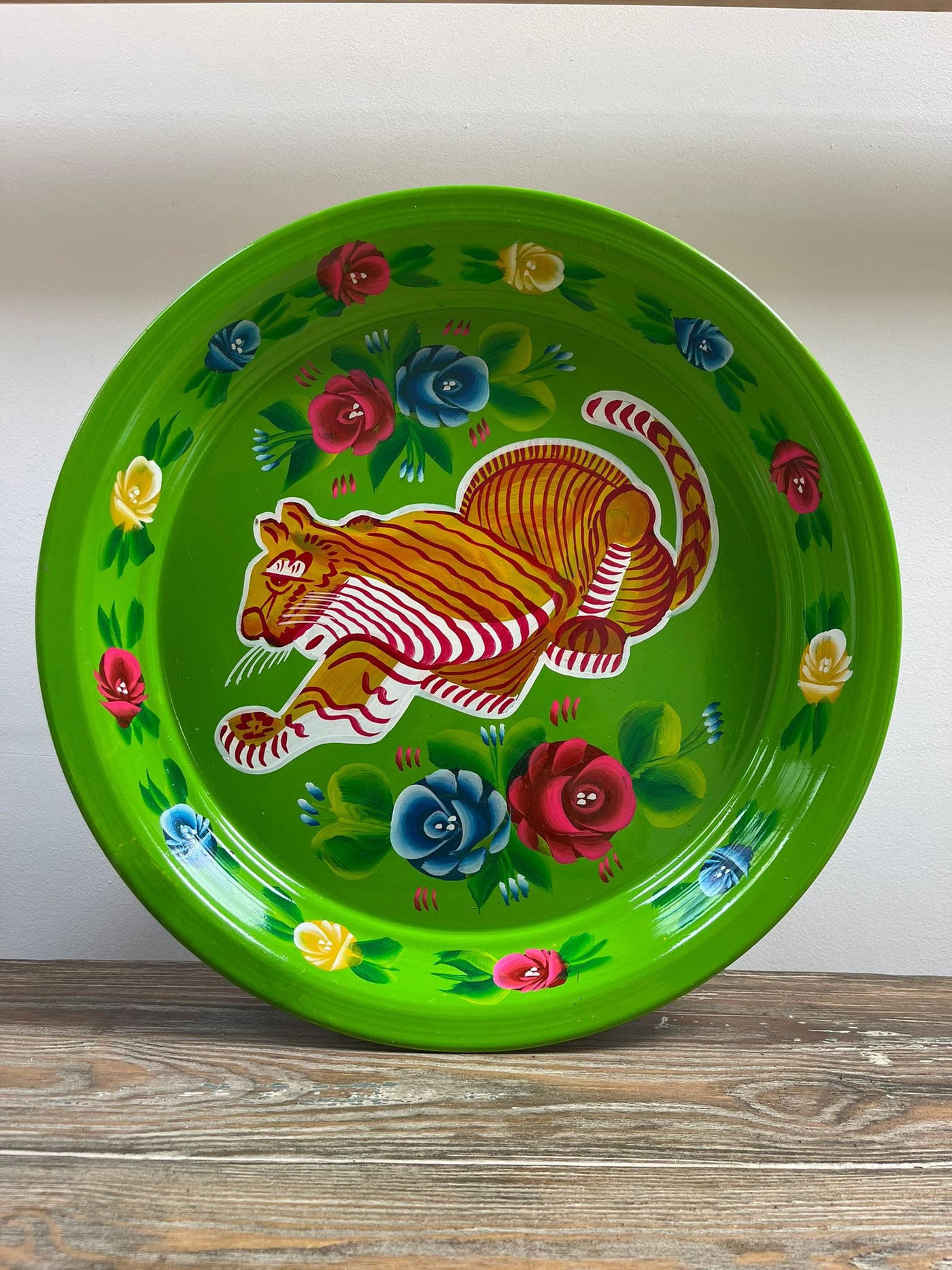 Hand Painted Enamel Platter - Green Tigers