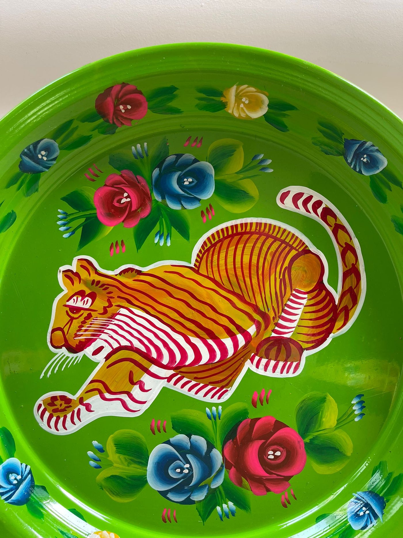 Hand Painted Enamel Platter - Green Tigers