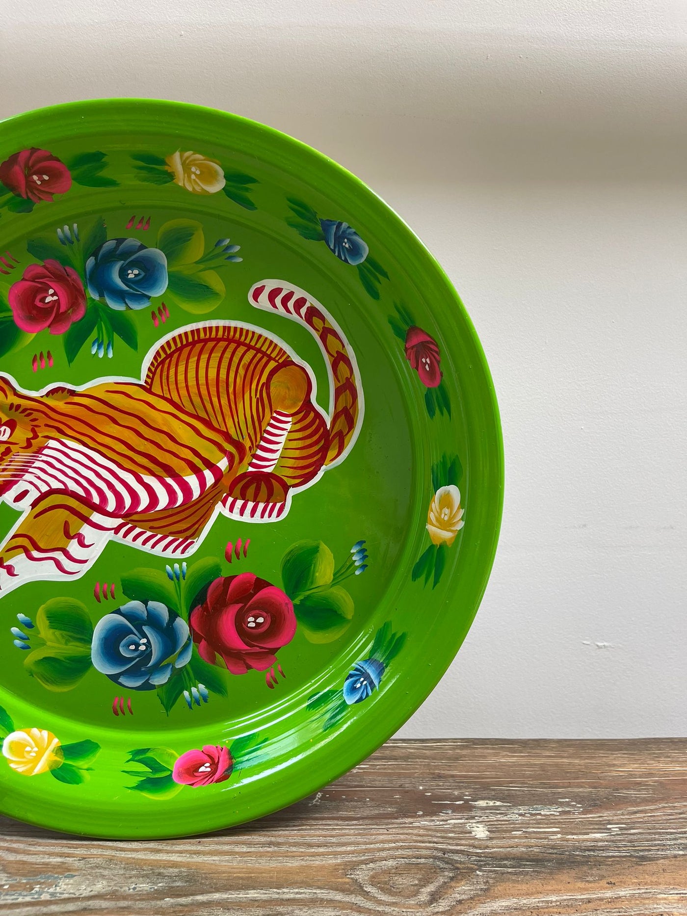 Hand Painted Enamel Platter - Green Tigers