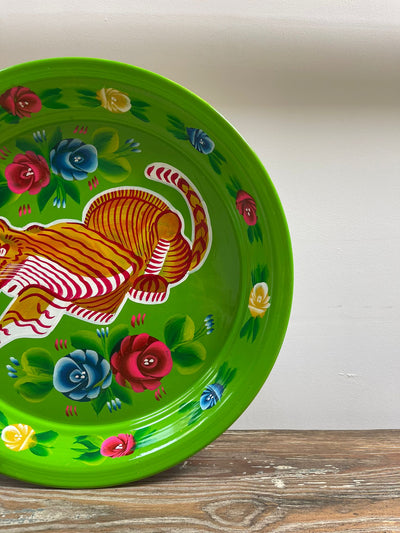 Hand Painted Enamel Platter - Green Tigers