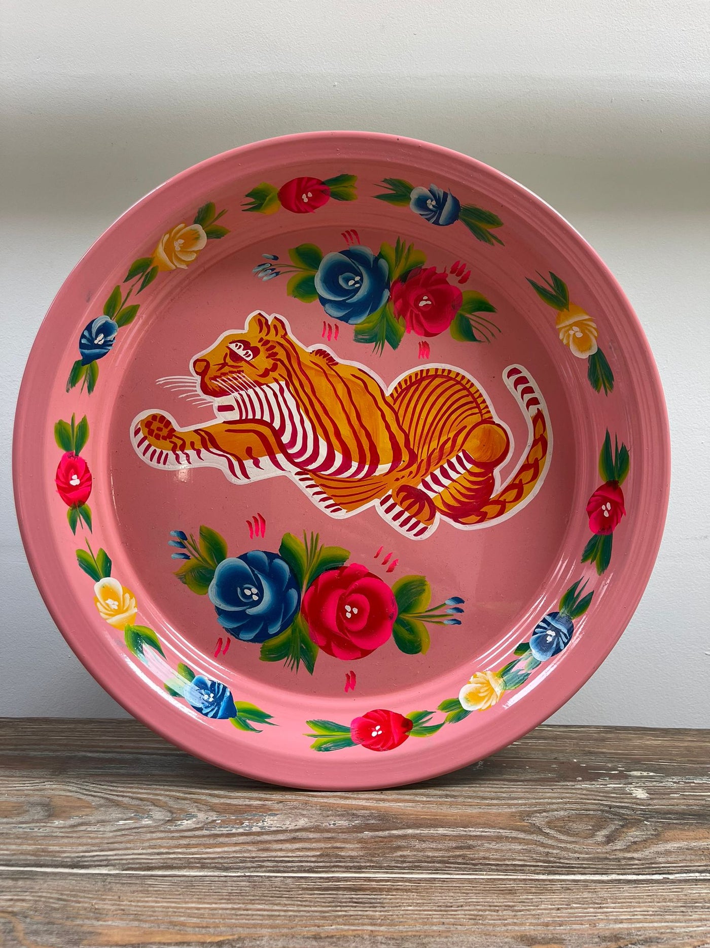 Hand Painted Enamel Platter - Pink Tigers