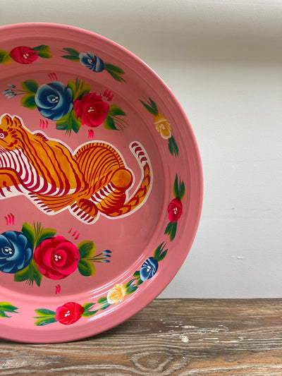 Hand Painted Enamel Platter - Pink Tigers